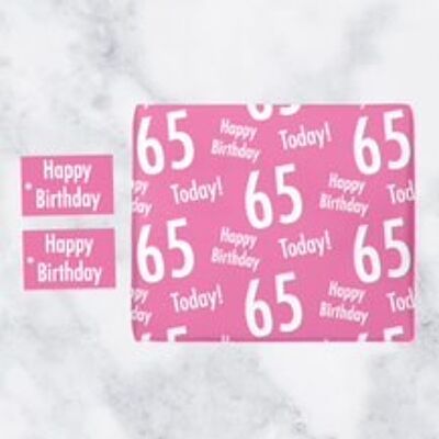 65th Birthday Pink Gift Wrapping Paper & Gift Tags (1 Sheet & 2 Tags) - 'Happy Birthday' - '65 Today!' - Urban Colour Collection