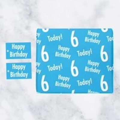 6th Birthday Blue Gift Wrapping Paper & Gift Tags (1 Sheet & 2 Tags) - 'Happy Birthday' - '6 Today!' - Urban Colour Collection