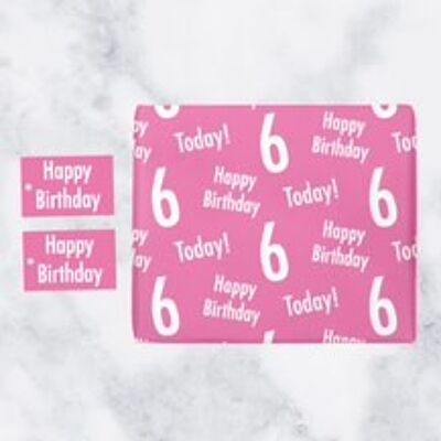 6th Birthday Pink Gift Wrapping Paper & Gift Tags (1 Sheet & 2 Tags) - 'Happy Birthday' - '6 Today!' - Urban Colour Collection