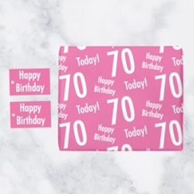 70th Birthday Pink Gift Wrapping Paper & Gift Tags (1 Sheet & 2 Tags) - 'Happy Birthday' - '70 Today!' - Urban Colour Collection