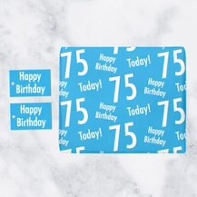 75th Birthday Blue Gift Wrapping Paper & Gift Tags (1 Sheet & 2 Tags) - Happy Birthday - 75 Today! - by Hunts England - Urban Colour Collection