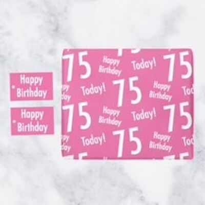 75th Birthday Pink Gift Wrapping Paper & Gift Tags (1 Sheet & 2 Tags) - Happy Birthday - 75 Today! - by Hunts England - Urban Colour Collection