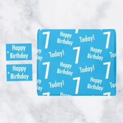 7th Birthday Blue Gift Wrapping Paper & Gift Tags (1 Sheet & 2 Tags) - 'Happy Birthday' - '7 Today!' - Urban Colour Collection
