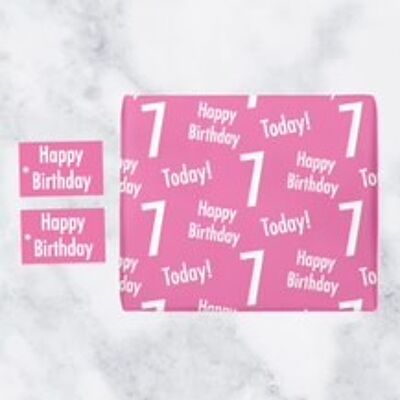 7th Birthday Pink Gift Wrapping Paper & Gift Tags (1 Sheet & 2 Tags) - 'Happy Birthday' - '7 Today!' - Urban Colour Collection