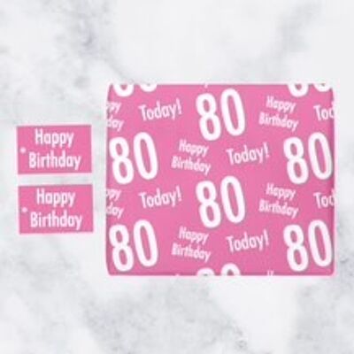 80th Birthday Pink Gift Wrapping Paper & Gift Tags (1 Sheet & 2 Tags) - 'Happy Birthday' - '80 Today!' - Urban Colour Collection