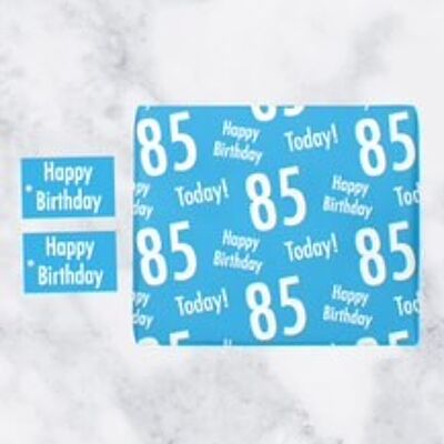 85th Birthday Blue Gift Wrapping Paper & Gift Tags (1 Sheet & 2 Tags) - Happy Birthday - 85 Today! - by Hunts England - Urban Colour Collection