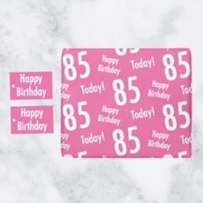 85th Birthday Pink Gift Wrapping Paper & Gift Tags (1 Sheet & 2 Tags) - Happy Birthday - 85 Today! - by Hunts England - Urban Colour Collection
