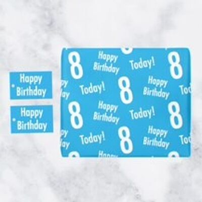 8th Birthday Blue Gift Wrapping Paper & Gift Tags (1 Sheet & 2 Tags) - 'Happy Birthday' - '8 Today!' - Urban Colour Collection