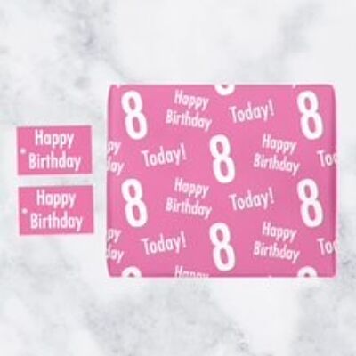 8th Birthday Pink Gift Wrapping Paper & Gift Tags (1 Sheet & 2 Tags) - 'Happy Birthday' - '8 Today!' - Urban Colour Collection