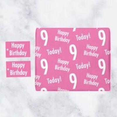 9th Birthday Pink Gift Wrapping Paper & Gift Tags (1 Sheet & 2 Tags) - 'Happy Birthday' - '9 Today!' - Urban Colour Collection