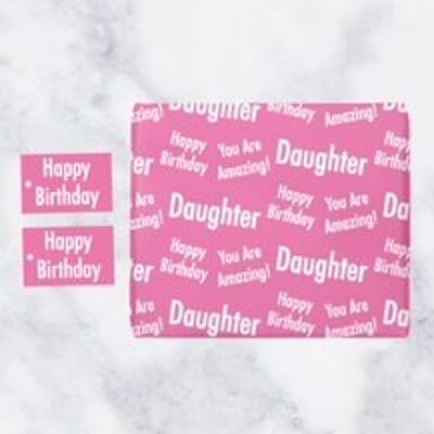 Daughter Birthday Gift Wrapping Paper & Gift Tags (1 Sheet & 2 Tags) - 'Daughter' - 'Happy Birthday' - 'You are Amazing!' - Urban Colour Collection