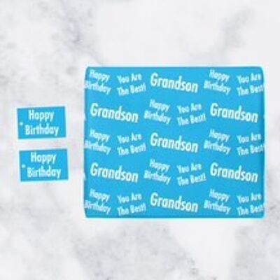 Grandson Birthday Gift Wrapping Paper & Gift Tags (1 Sheet & 2 Tags) - 'Grandson' - 'Happy Birthday' - 'You are The Best!' - Urban Colour Collection