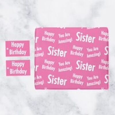 Sister Birthday Gift Wrapping Paper & Gift Tags (1 Sheet & 2 Tags) - 'Sister' - 'Happy Birthday' - 'You are Amazing!' - Urban Colour Collection