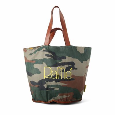 Mycha Ibiza – tas – Comte Ramé 5004 – handtas met rits – Canvas Tas – Lederen hengels – Army print – Clutch