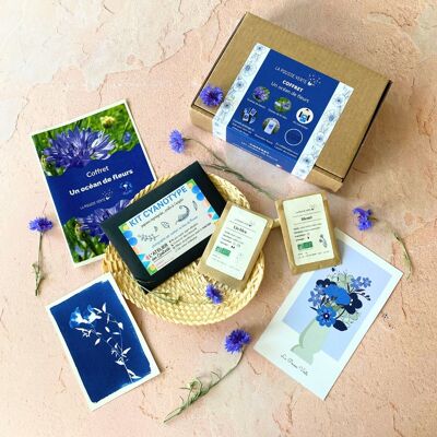 Coffret cadeau Un océan de fleurs / jardinage, cyanotype et illustration