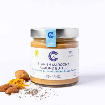 Marcona 97% Crema di mandorle con semi di chia, spezie Ras el Hanout e fleur de sel.