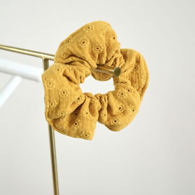 Yellow embroidered cotton gauze scrunchie
