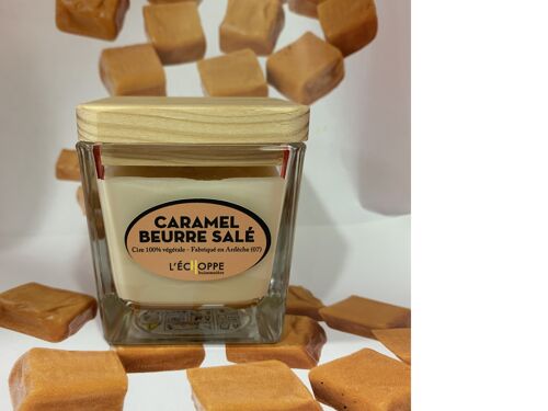 BOUGIES SOJA CARRE COUV BOIS 6X6 80 G CARAMEL BEURRE SALE