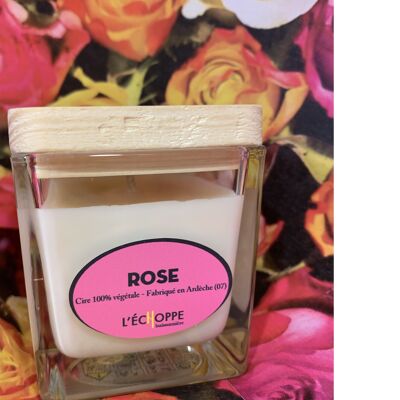 BOUGIE SOJA CARRE COUV BOIS 6X6 80 G ROSE