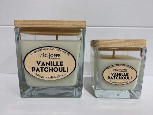 BOUGIE SOJA CARRE COUV BOIS 6X6 VANILLE PATCHOULI