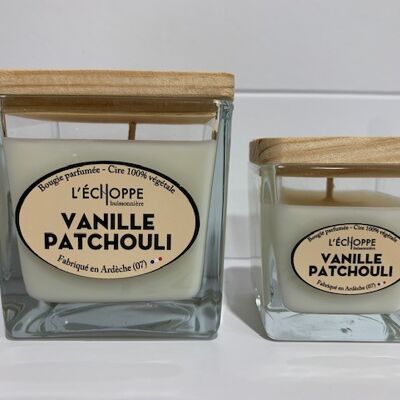 BOUGIE SOJA CARRE COUV BOIS 8X8 VANILLE PATCHOULI