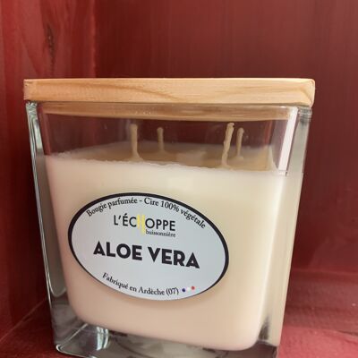 BOUGIE SOJA CARRE COUV BOIS 10X10 4 MECHES ALOE VERA