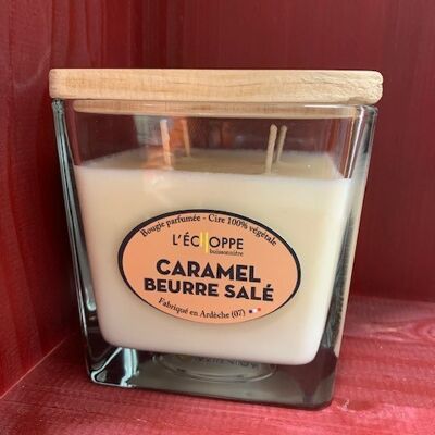 SQUARE SOYA CANDLE WOOD LID 10X10 4 WICKS SALTED BUTTER CARAMEL