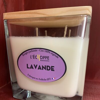 SQUARE SOJA CANDLE WOOD LID 10X10 4 WICKS LAVENDER