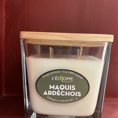SQUARE SOYA CANDLE WITH WOOD COVER 10X10 4 WICKS MAQUIS ARDECHOIS