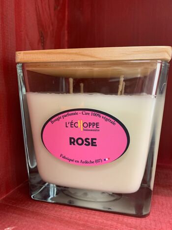 BOUGIE PARFUMEE ROSE POT CARRE 10X10X10X 4 MECHES 350 G DE CIRE 100 % SOJA