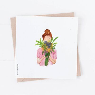 Carte de voeux de dame de fleur, dame tenant des fleurs, SKU021