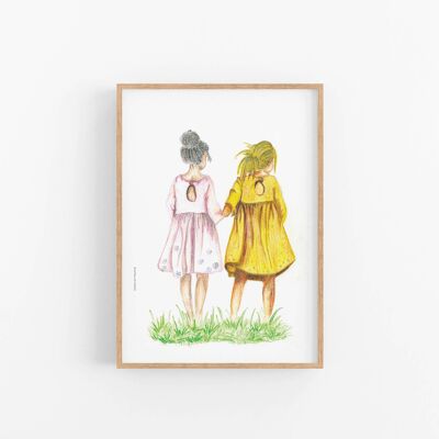 Ilustración de impresión artística de dos chicas, mejores amigas, SKU044