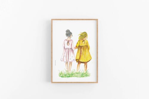 art print illustration of two girls, best friends , SKU043