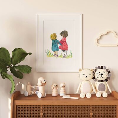 Art print, a cute illustration of two girls holding hands , SKU046