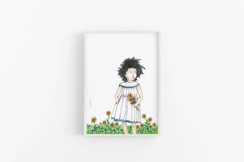 Art print, a cute illustration of a curly girl holding , SKU047