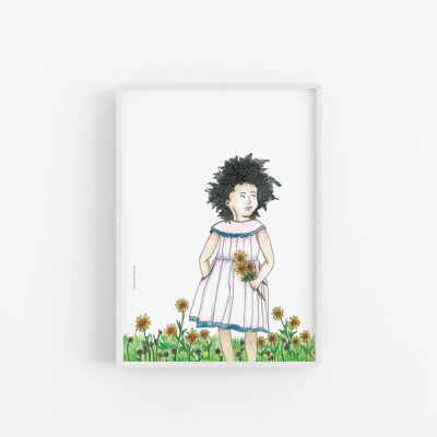 Art print, a cute illustration of a curly girl holding , SKU047
