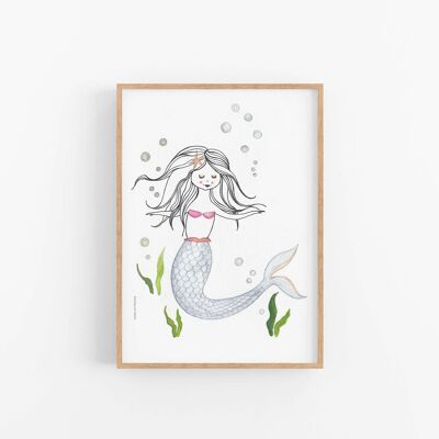 Mermaid art print, Nursery Poster , SKU070
