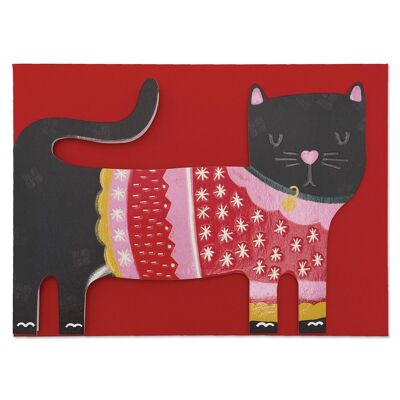 Niedliche Weihnachtskarte "schwarze Katze im Weihnachtspullover".