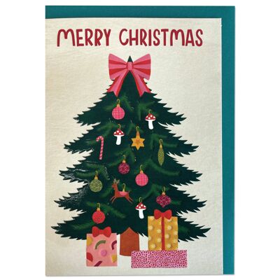 'Merry Christmas' arbre et présente une carte de Noël