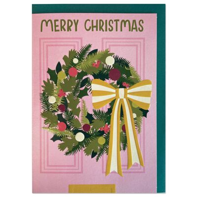 'Merry Christmas' colourful wreath Christmas card
