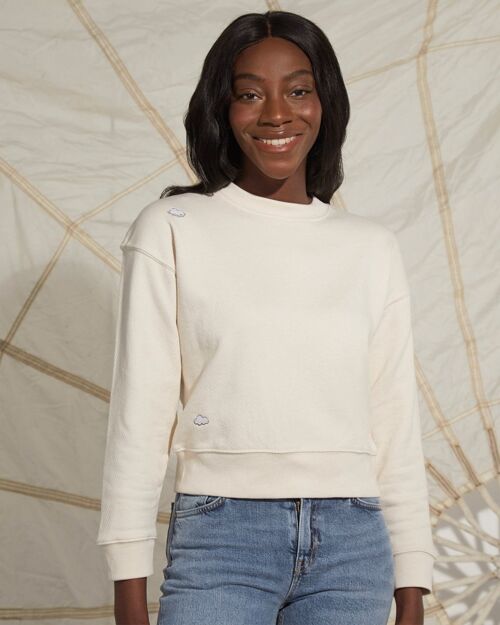 Clouds Embroidered Cropped Sweatshirt Ecru