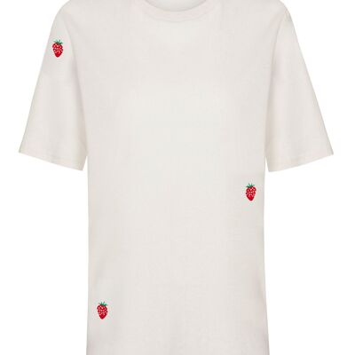 Recyceltes T-Shirt mit Erdbeerstickerei Weiß