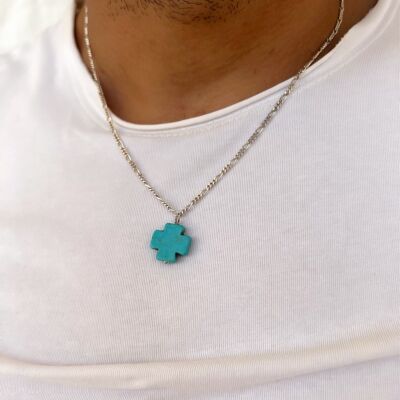 Turquoise Cross Necklace Men, Cross Pendant Men, Turquoise Cross Charm, Religious Jewelry, Beach Necklace, Made from Sterling Silver 925.
