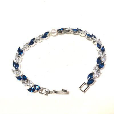 Bracelet de mariage bleu et argent Feuillage et perles - 16cm