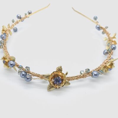 Couronne de fleurs de mariage en cristal de strass et perles nacrées Swarovski - Bleu et doré pièces unique
