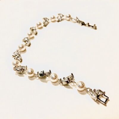 Bracelet de mariage Feuillage en Zircone et perles nacrées blanches - Plaqué or jaune - 14cm