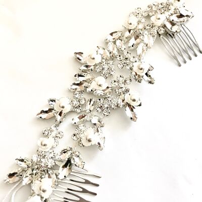 Peigne Broche de cheveux Mariage oriental chic perles et strass Laura - Plaqué or blanc