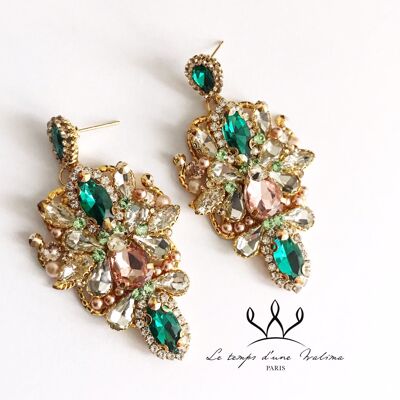 Boucles d'oreilles mariage orientale vertes émeraudes dorées Luxury