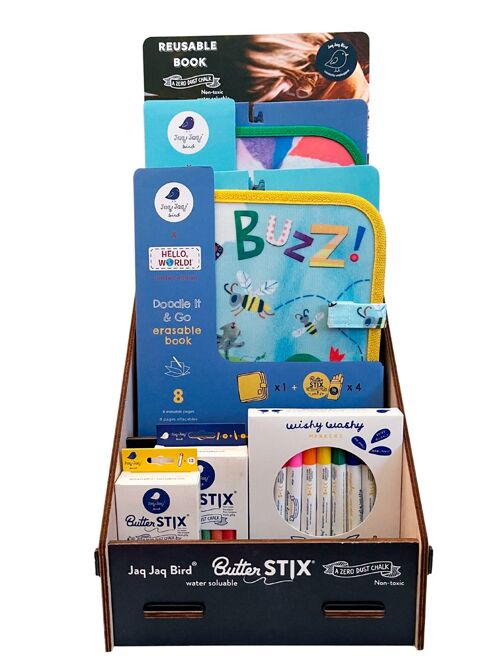 Jaq Jaq Bird: PRÉSENTOIR COMPTOIR LIVRES et CRAIES 47x26x29, avec header en Anglais