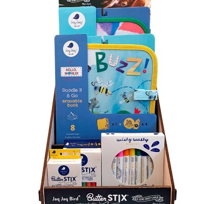 Jaq Jaq Bird: PRÉSENTOIR COMPTOIR LIVRES et CRAIES 47x26x29, avec header en Anglais